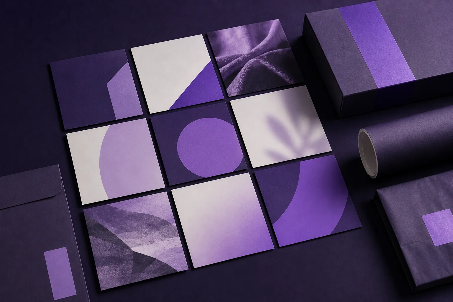Social media post templates, ad creatives and story frames arranged around a design tablet
