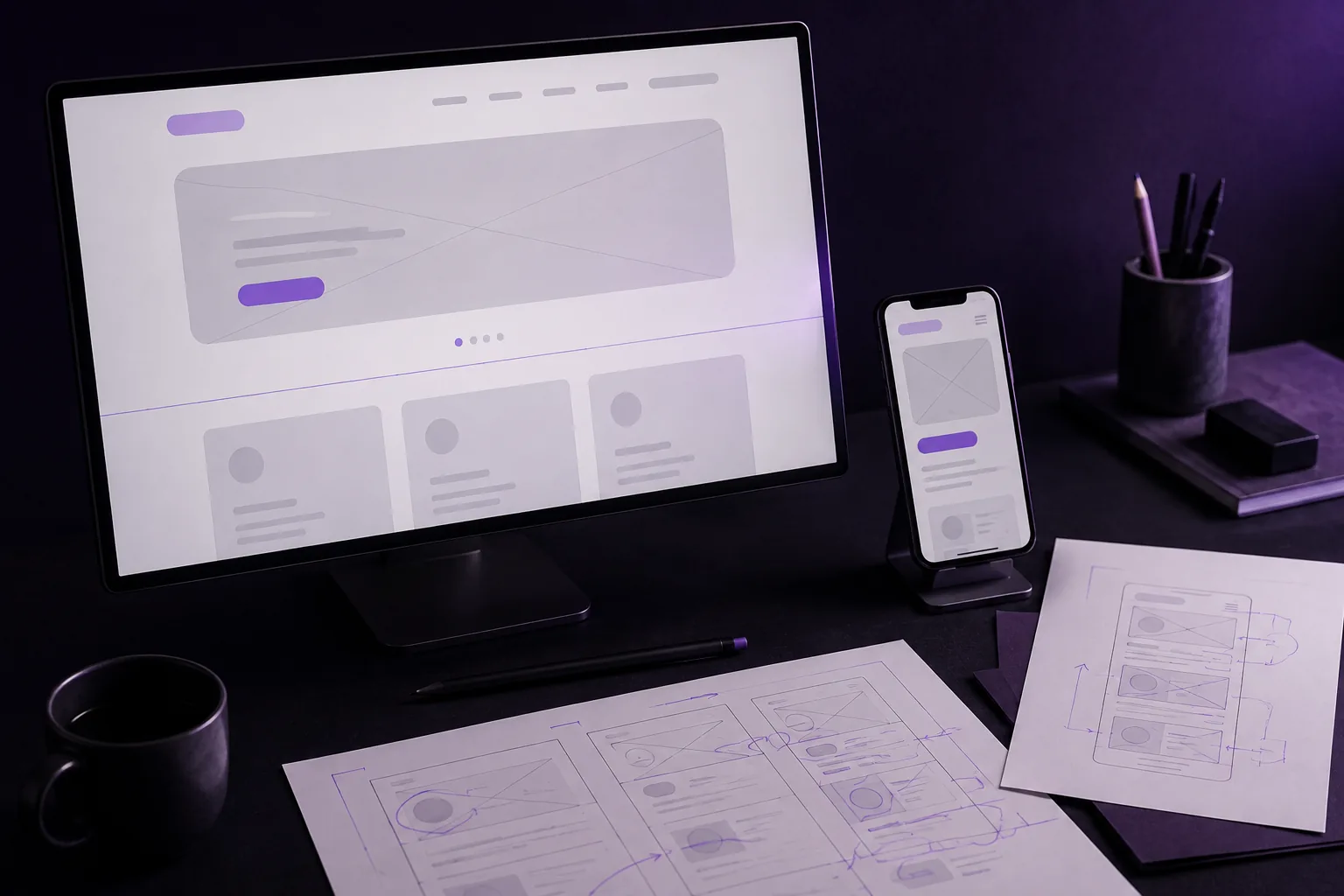 Mobile and desktop interface screens with wireframes and a UI component kit